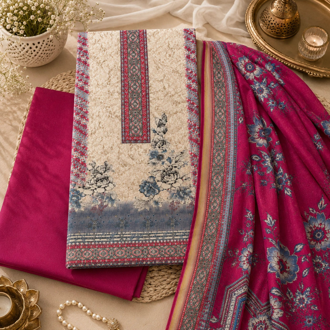 A folded traditional Indian salwar suit set displayed on a beige fabric background with decorative props. The set includes a bright magenta pink dupatta with blue floral patterns, a cream-colored embroidered kurta with blue floral motifs and red patterned borders, and a solid magenta pink fabric piece underneath.