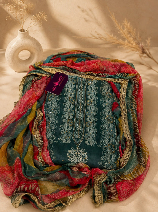 Heavily Embroidered Smoky Steel Blue with Multi-Colored Duppatta