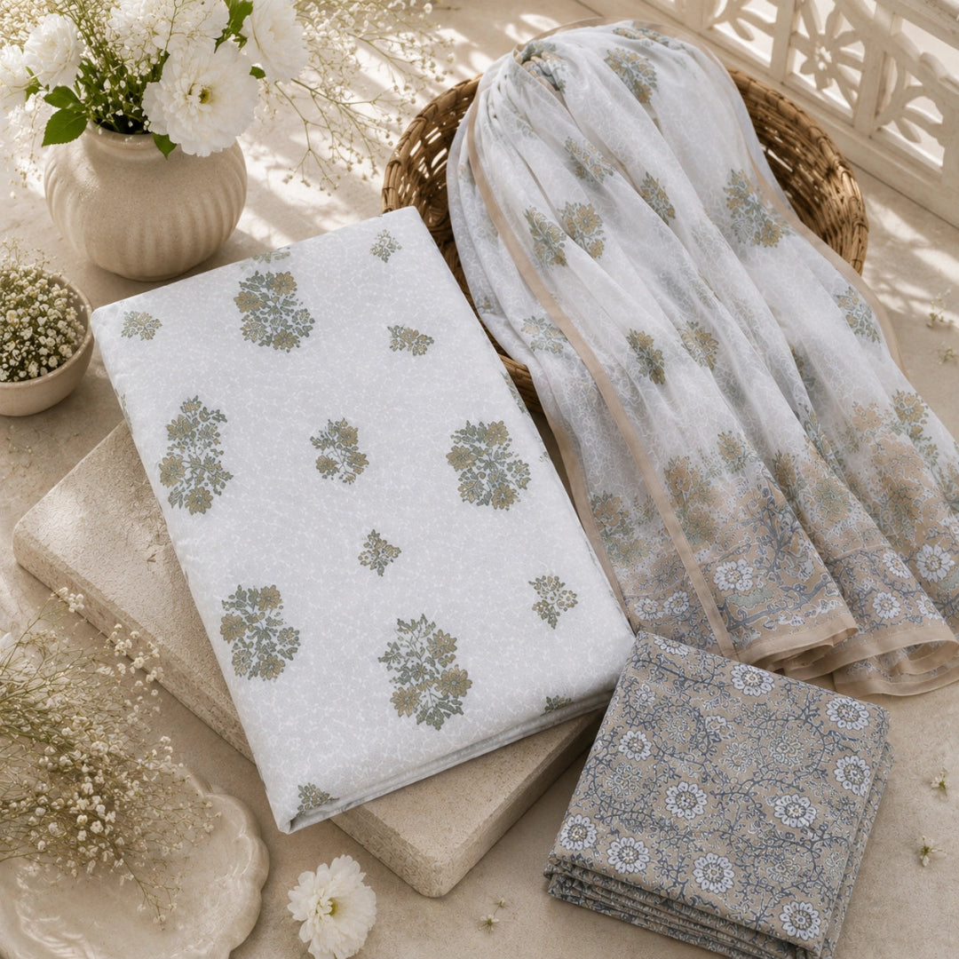 A folded and draped fabric set with a white base and muted green floral block print, alongside a matching gray-toned patterned folded piece, styled on neutral blocks with flowers and a wicker basket.