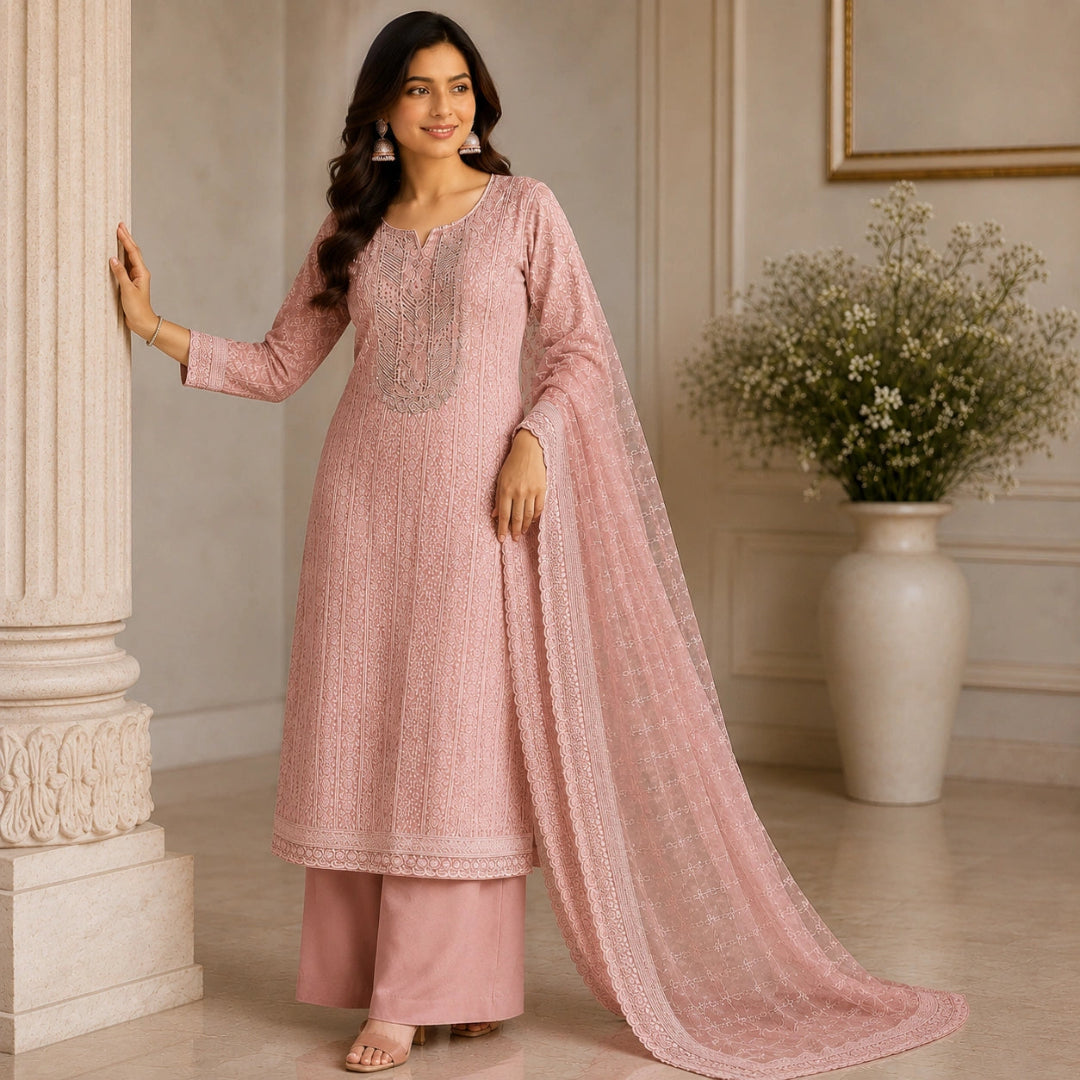 Chikankari embroidered suit fabric with designer neck patch, matching bottom and embroidered net dupatta