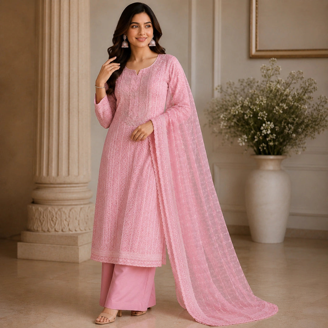 Chikankari embroidered suit fabric with intricate detailing and graceful ethnic wear design