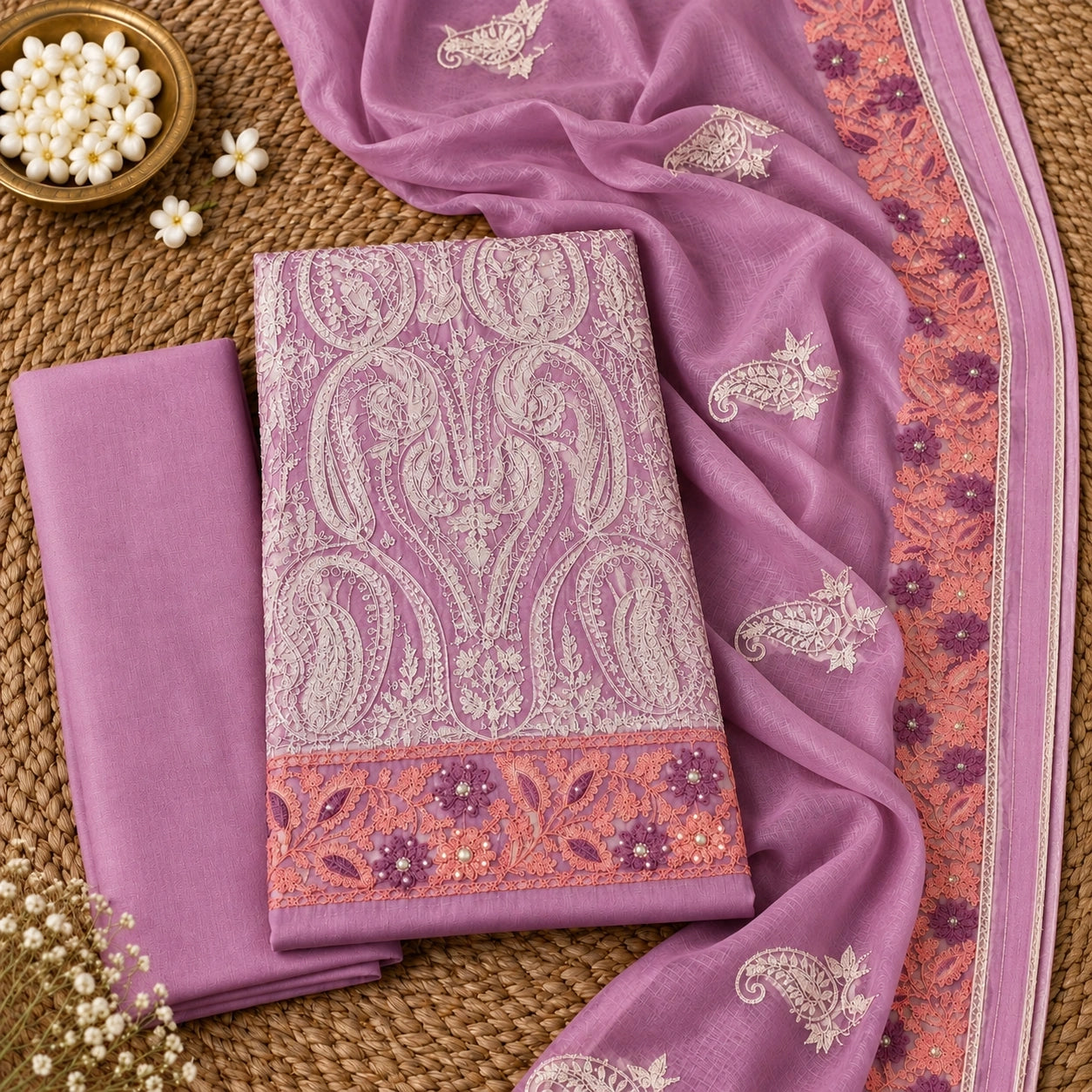 A folded purple and pink embroidered fabric set with a matching sheer dupatta draped on a woven mat. The fabric features intricate white and silver paisley embroidery, a floral border in pink and purple, and small decorative pearl-like beads are placed nearby.