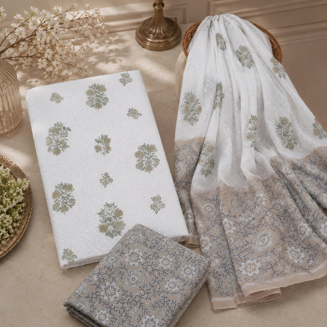 A folded and draped white or off-white fabric set with floral and paisley block prints in muted sage green and taupe-beige, styled on a beige surface with decorative props.