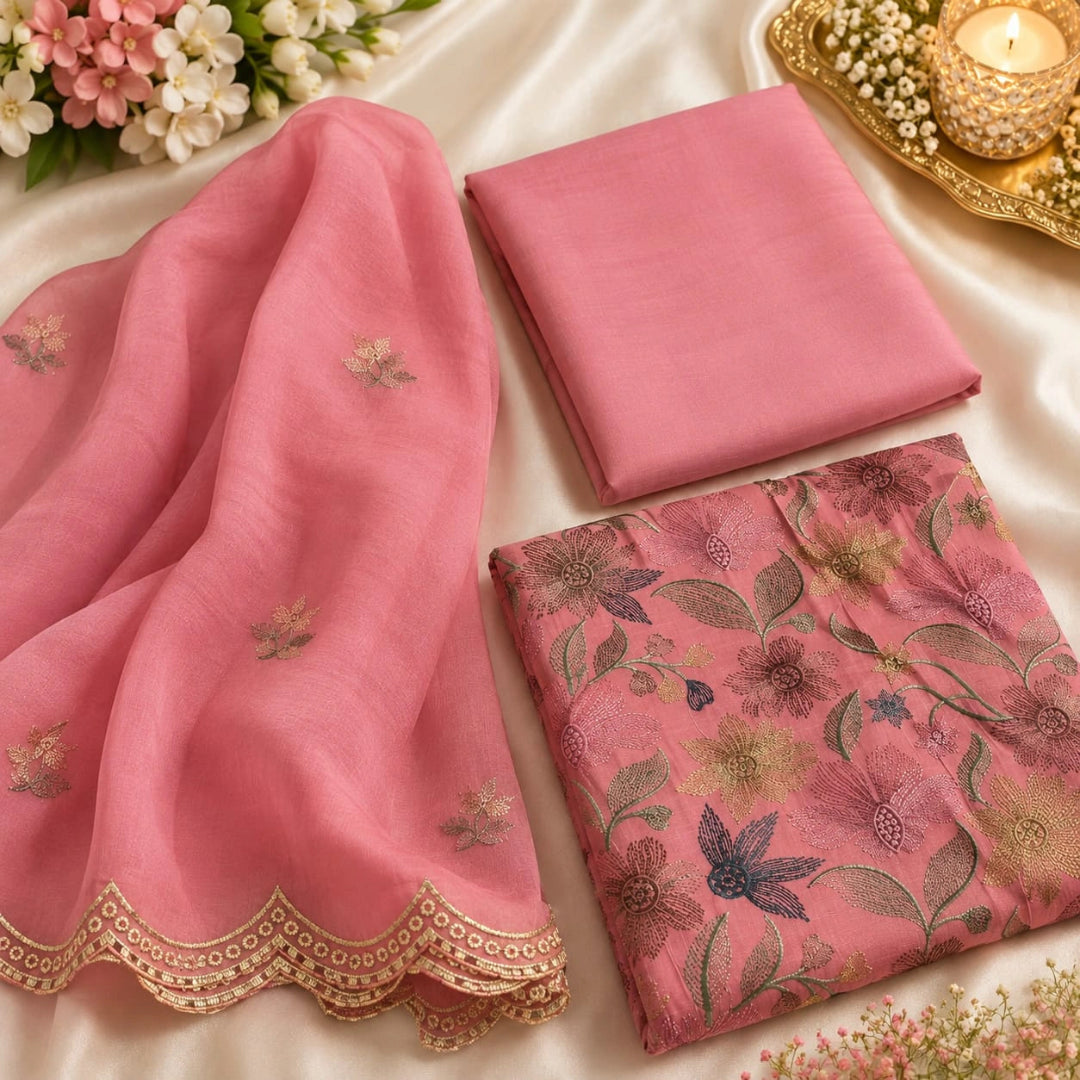 Dusty pink heritage suit set with floral thread embroidery, decorative border and soft mul cotton fabric