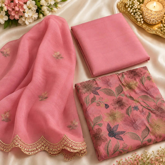 Dusty pink heritage suit set with floral thread embroidery, decorative border and soft mul cotton fabric