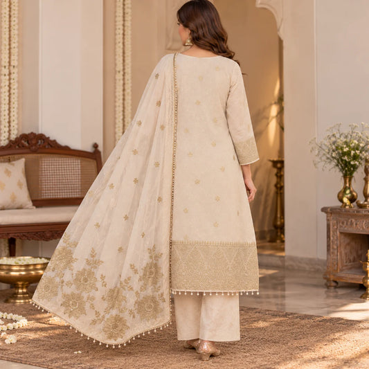 Elegant Cream Silk Suit Set with Golden Embroidery