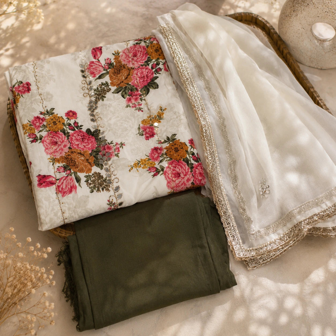 Ivory floral printed georgette suit set with rich embellishments and olive green bottom, premium unstitched suit fabric for women