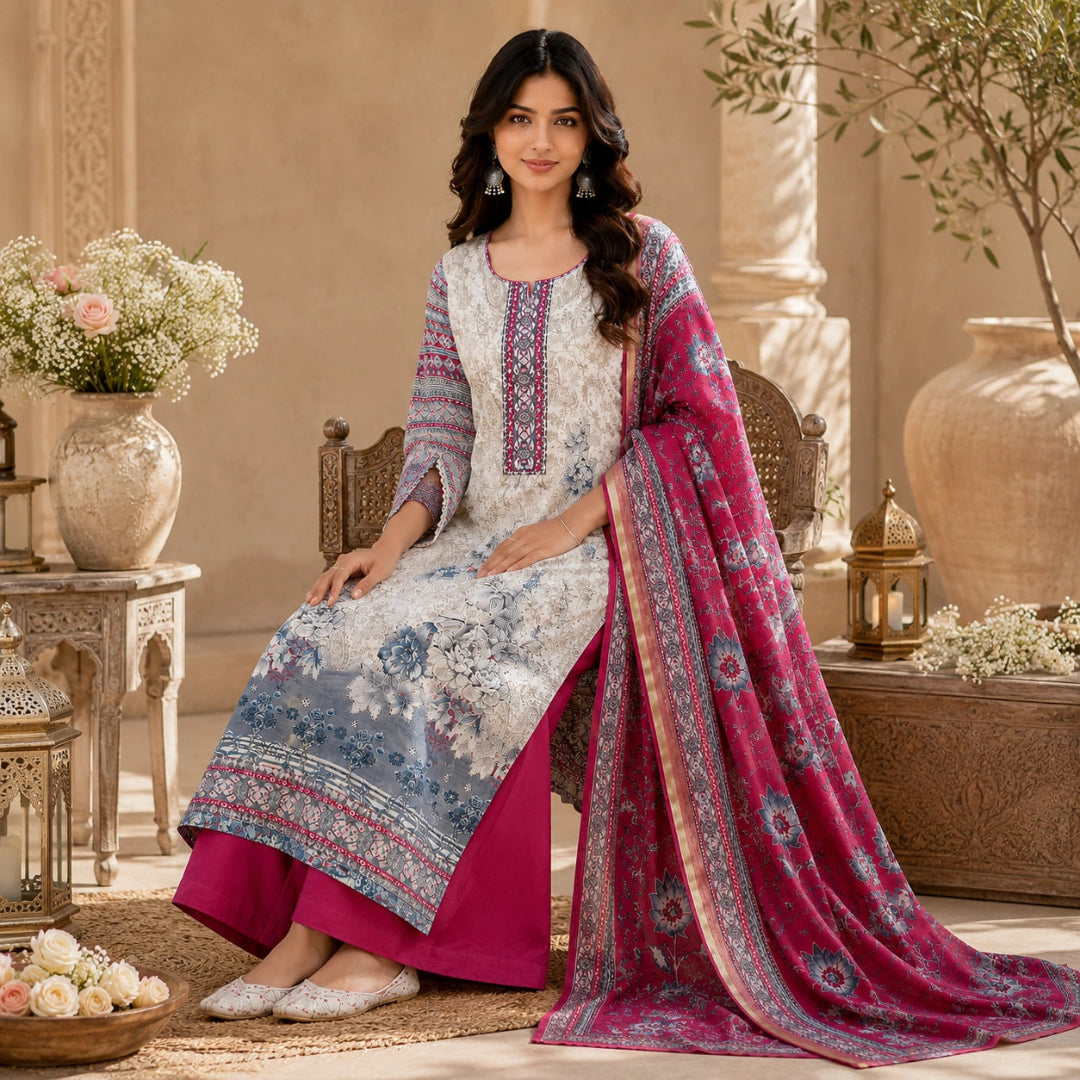A woman seated indoors wearing a traditional embroidered salwar kameez set with a bright pink dupatta. The outfit has a light gray base with blue and pink floral embroidery, a pink embroidered neckline, and matching pink pants.