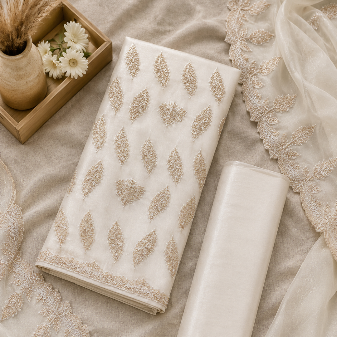 Ivory cream heavily embellished shimmer organza suit set with elegant detailing, premium ethnic wear for women