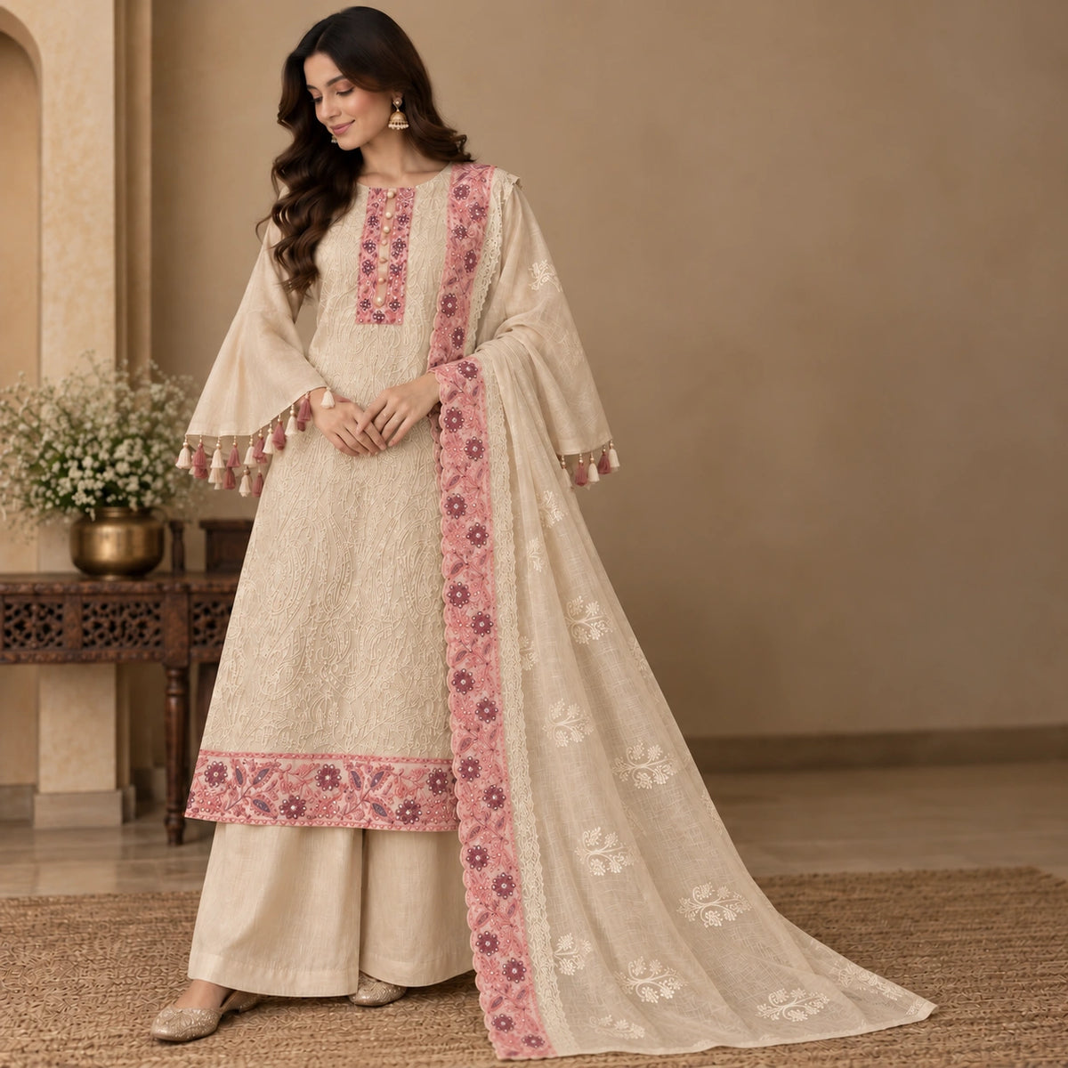Ivory cream embroidered suit set with paisley threadwork, pearl embellished contrast neckline, embroidered dupatta and premium unstitched suit fabric for women by Nityashree