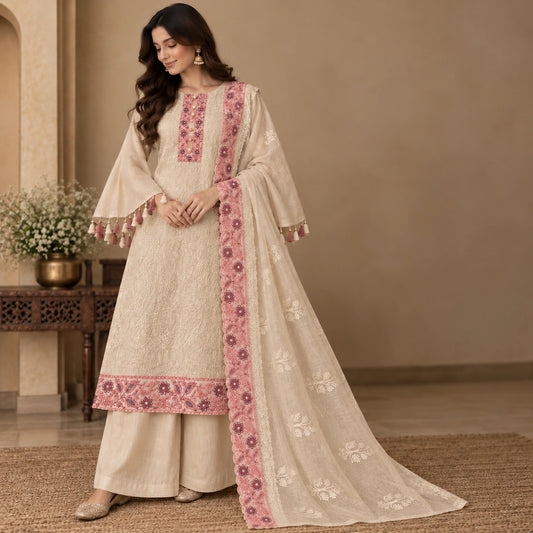 Ivory cream embroidered suit set with paisley threadwork, pearl embellished contrast neckline, embroidered dupatta and premium unstitched suit fabric for women by Nityashree