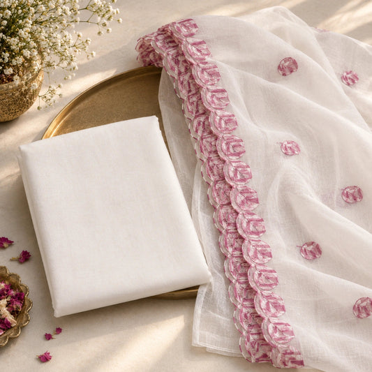 ivory cotton suit set with rosy pink embroidery, vertical embroidered stripes and floral border dupatta