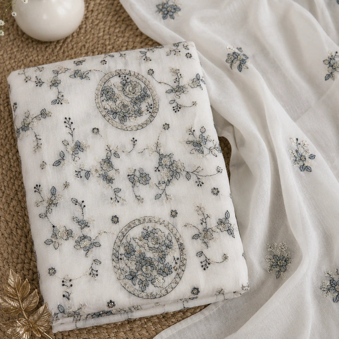 Ivory floral thread work Mul Chanderi suit fabric with dupatta, elegant unstitched suit material for women, latest ethnic wear