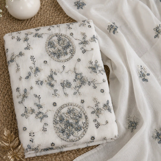 Ivory floral thread work Mul Chanderi suit fabric with dupatta, elegant unstitched suit material for women, latest ethnic wear