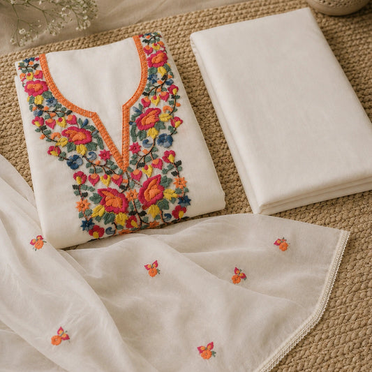 Ivory multicolor floral embroidered suit fabric with dupatta, unstitched suit material for women, ethnic wear by Nityashree