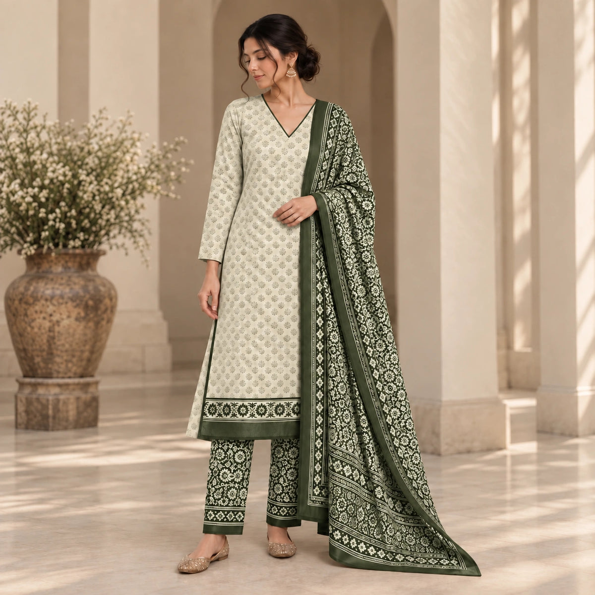 A woman models a traditional Indian  suit set in a grand, sunlit courtyard. The set features an off-white kurta and matching trousers with green geometric patterns, paired with a dark green dupatta that has a detailed green and white border print.