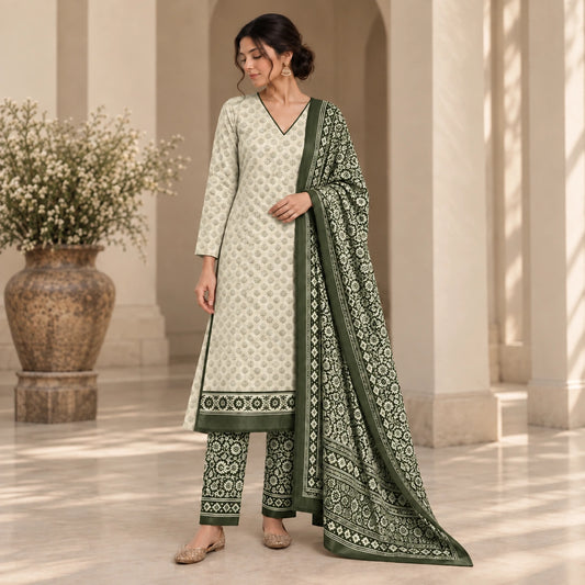 A woman models a traditional Indian  suit set in a grand, sunlit courtyard. The set features an off-white kurta and matching trousers with green geometric patterns, paired with a dark green dupatta that has a detailed green and white border print.