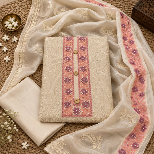 Ivory cream suit fabric featuring all-over paisley embroidery, floral neck detailing and embroidered dupatta with border