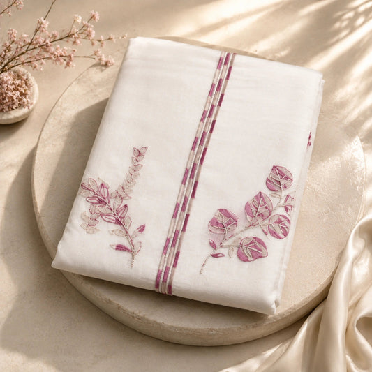 Ivory white mul cotton suit fabric with rosy pink floral thread work, embroidered stripes and lightweight embroidered