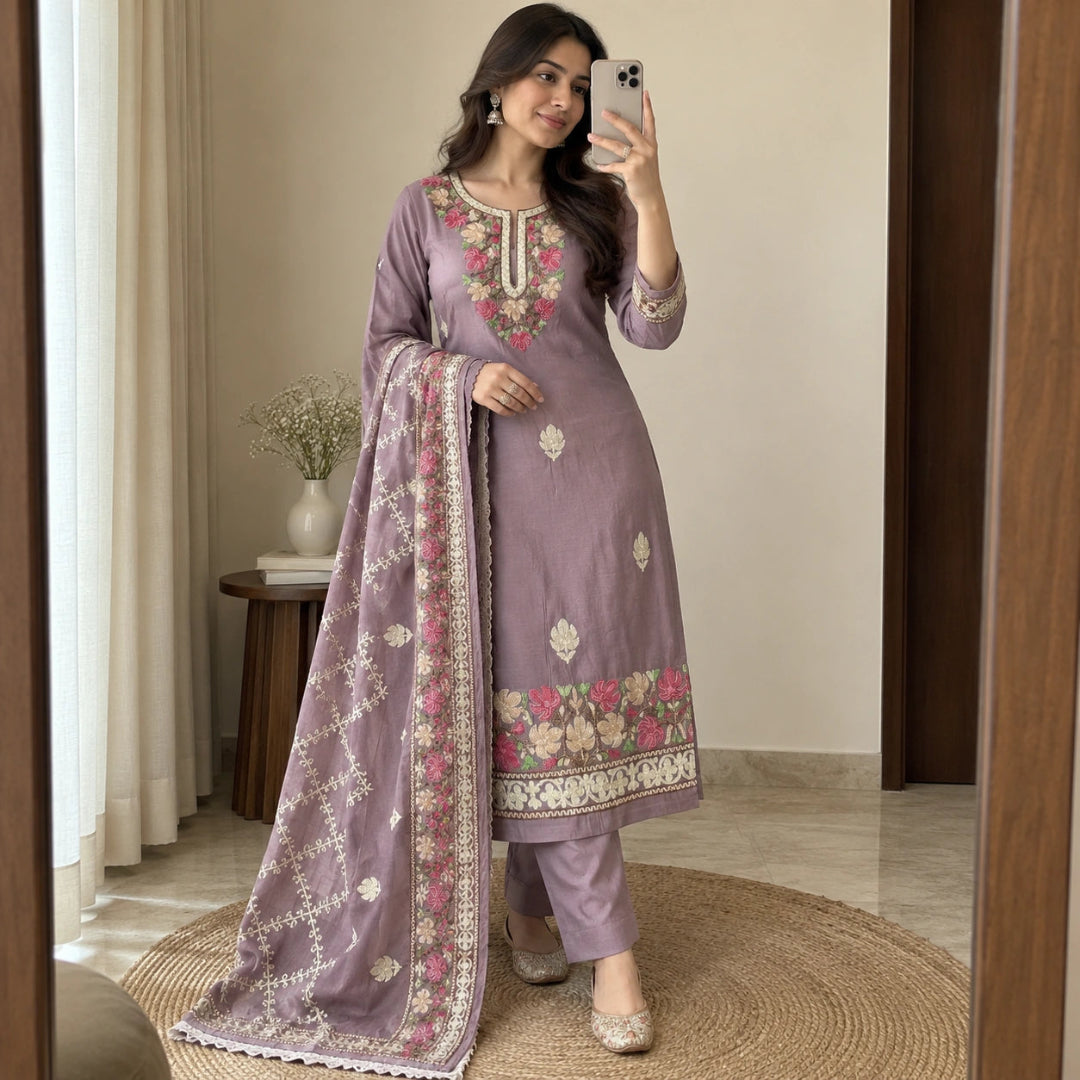 Mauve lilac Kashmiri thread work inspired suit set with embroidered neckline, floral border dupatta and premium unstitched suit fabric for women by Nityashree
