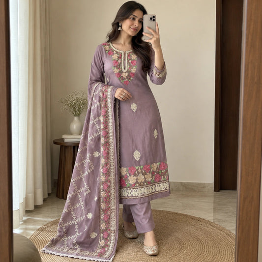 Mauve lilac Kashmiri thread work inspired suit set with embroidered neckline, floral border dupatta and premium unstitched suit fabric for women by Nityashree