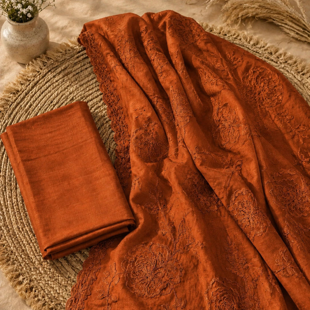 Rust orange pure organza suit set with floral thread work and designer printed dupatta, elegant ethnic wear for women