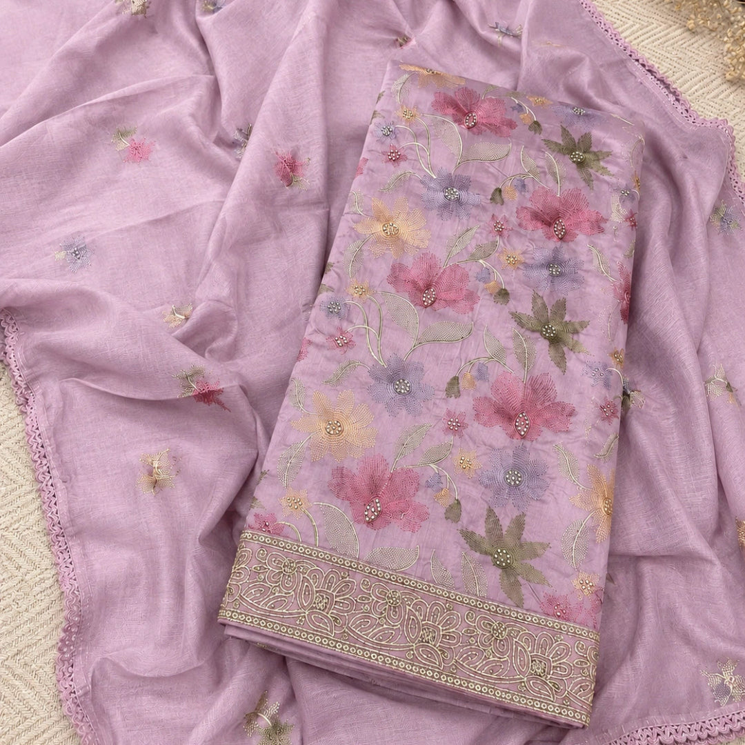 Dusty lilac embroidered Jam cotton suit set with floral motifs, coordinated bottom and designer dupatta