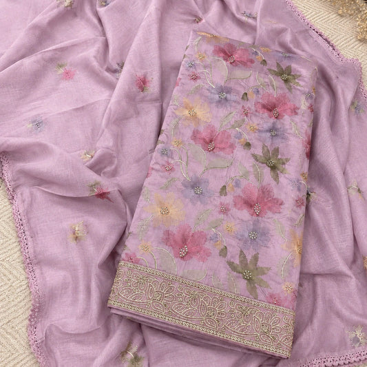 Dusty lilac embroidered Jam cotton suit set with floral motifs, coordinated bottom and designer dupatta