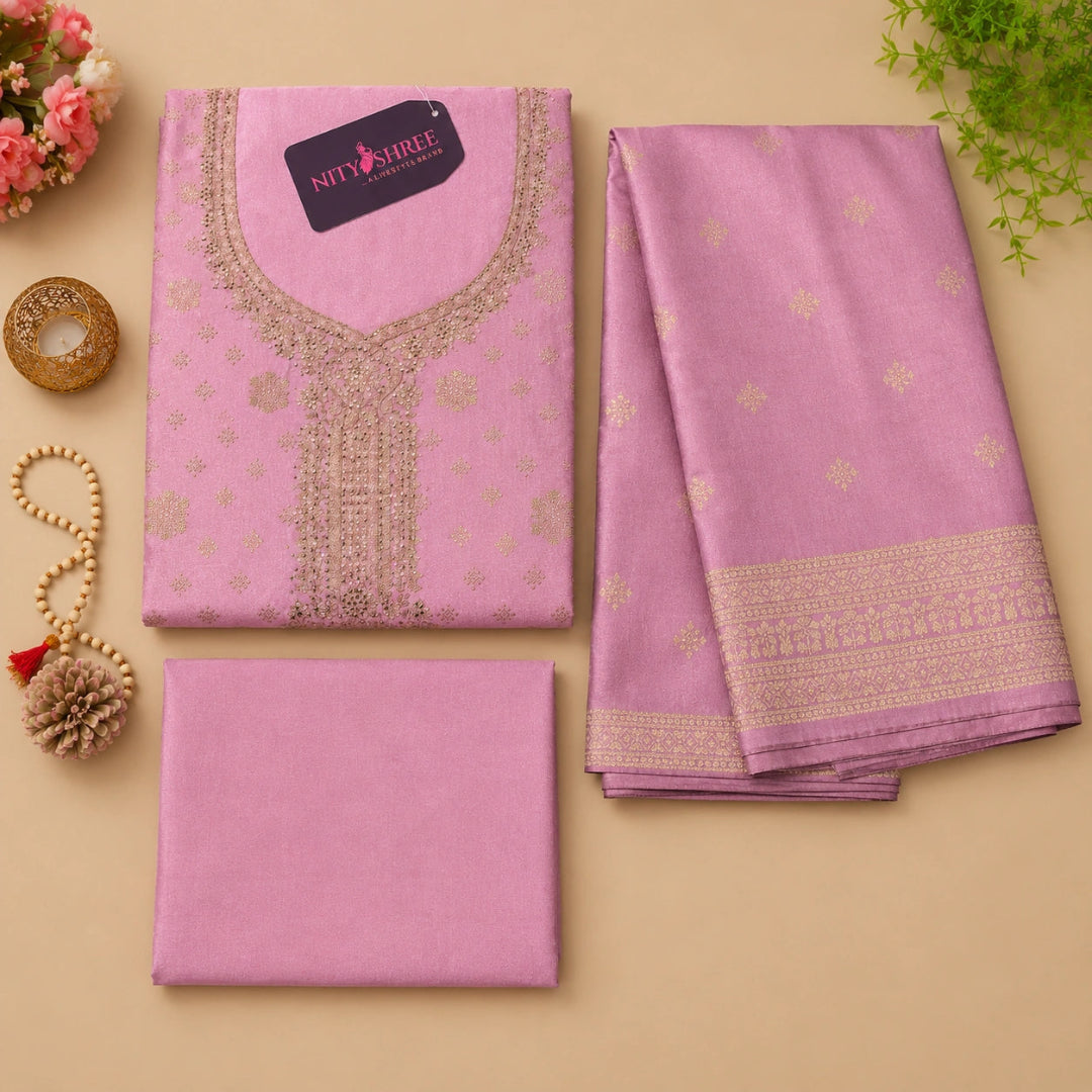 Women's muted lilac festive suit fabric with ornate woven dupatta