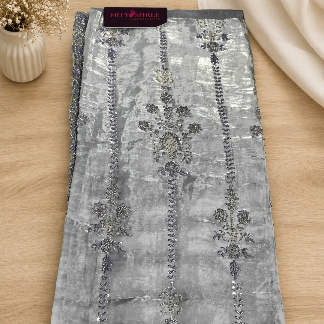 Soft grey lavender suit fabric with embroidery, sequins and bead work, designer unstitched suit material for women