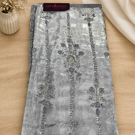 Soft grey lavender suit fabric with embroidery, sequins and bead work, designer unstitched suit material for women