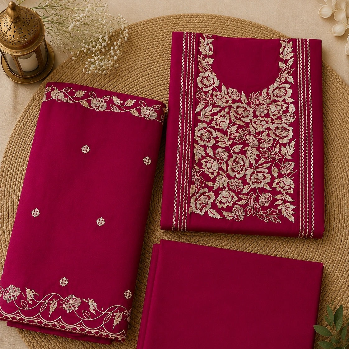 Magenta embroidered unstitched suit set with elegant neck panel, floral border dupatta and premium ethnic wear fabric for women by Nityashree