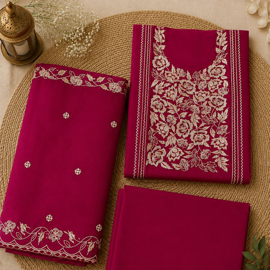 Magenta embroidered unstitched suit set with elegant neck panel, floral border dupatta and premium ethnic wear fabric for women by Nityashree
