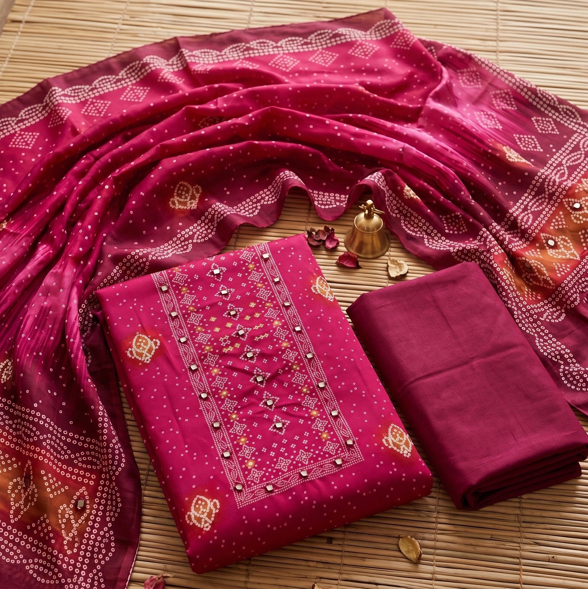 A folded and draped magenta pink fabric set with traditional bandhani tie-dye patterns, a central embroidered panel, and a matching solid folded piece, arranged on a bamboo mat with small decorative props.