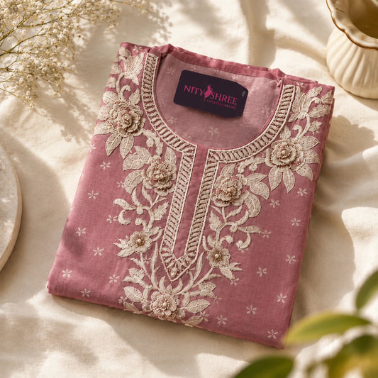 Premium dusty rose Maheshwari silk suit set with botanical thread work.