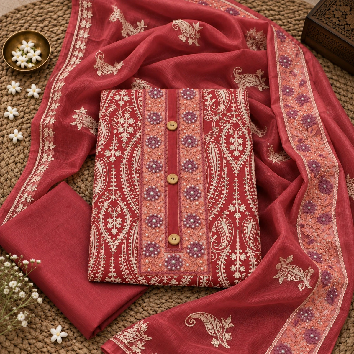 Rose maroon suit fabric featuring detailed floral embroidery, embellished neckline and embroidered dupatta with paisley motifs