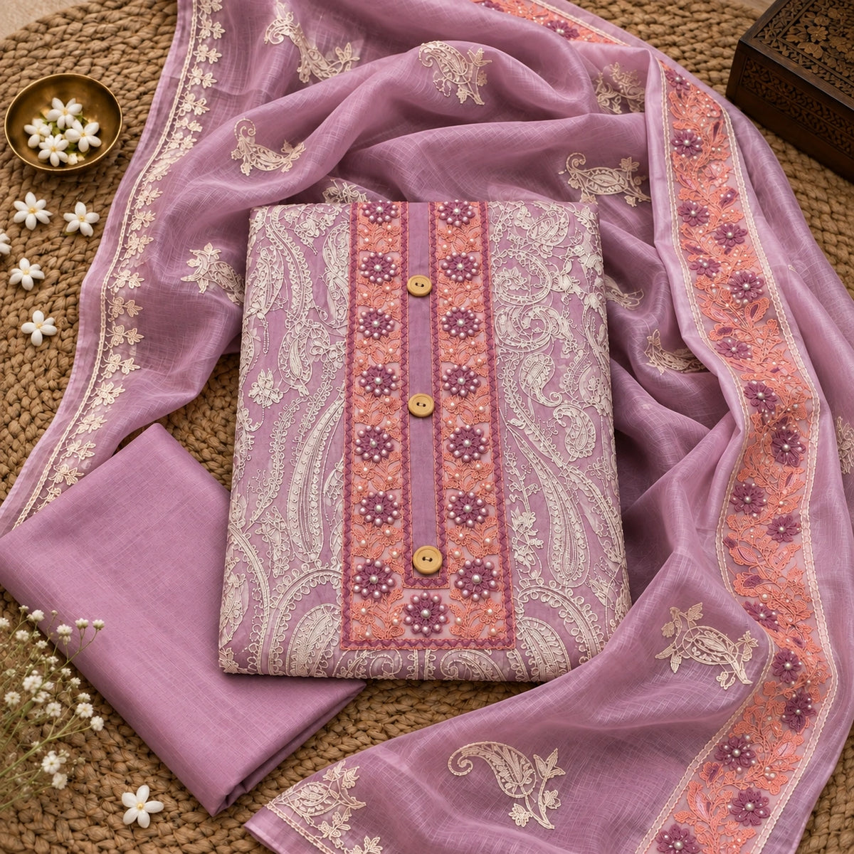 Dusty mauve unstitched suit fabric with floral embroidered neck, paisley motifs and elegant bordered dupatta