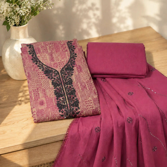 Mauve rose jam cotton suit set with botanical floral print, studded embroidery and premium unstitched cotton suit fabric for women by Nityashree