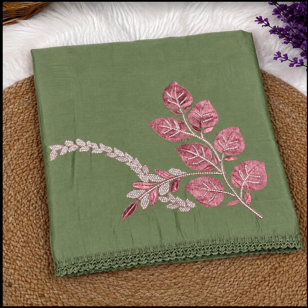 Sage green unstitched suit set featuring elegant botanical embroidery, floral border detailing and matching dupatta