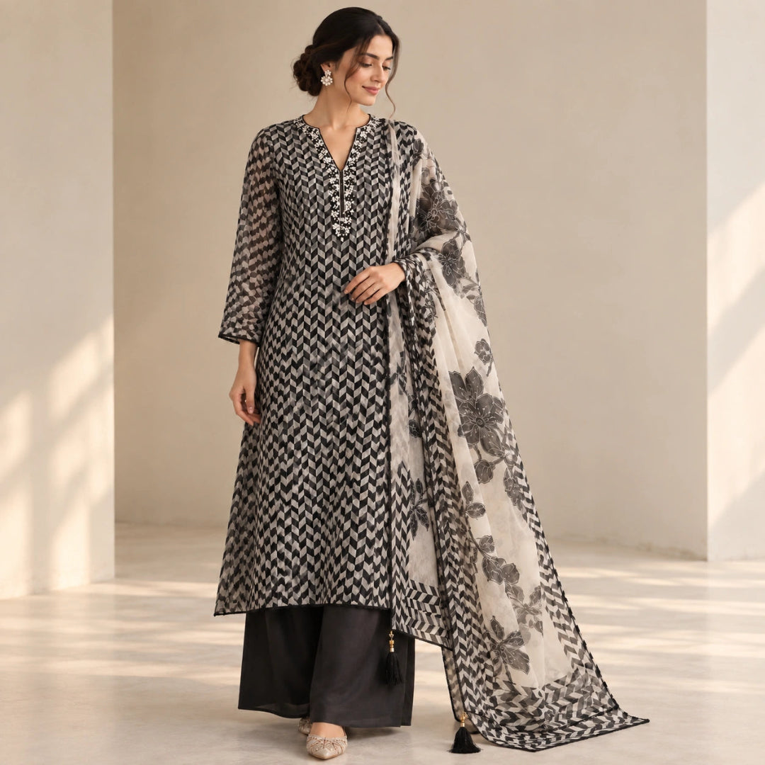 Black grey and off-white two tone organza suit set with detailed neckline, floral printed dupatta, geometric border, tassels and premium unstitched ethnic wear fabric for women by Nityashree
