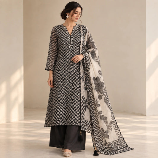 Black grey and off-white two tone organza suit set with detailed neckline, floral printed dupatta, geometric border, tassels and premium unstitched ethnic wear fabric for women by Nityashree