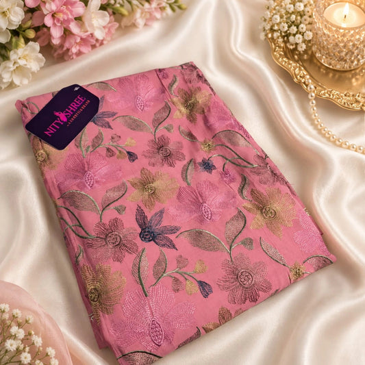 mul cotton embroidered suit set with floral motifs and detailed border work, premium unstitched suit material