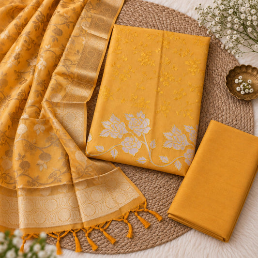 Mustard yellow floral embroidered suit set with large floral motifs, designer tassel dupatta and premium unstitched suit fabric for women by Nityashree