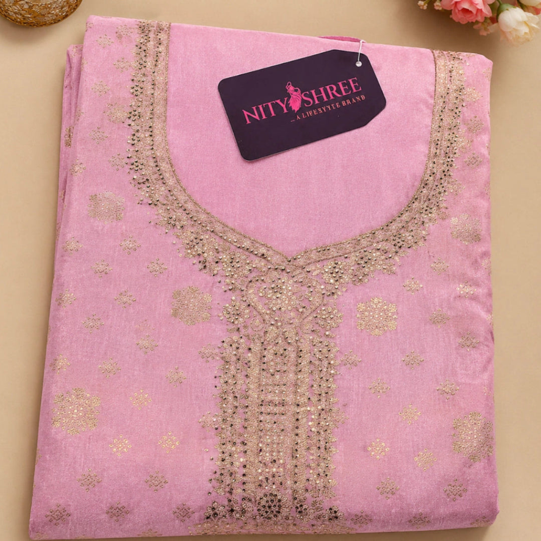Lilac ethnic wear suit fabric with embellished neck and designer dupatta