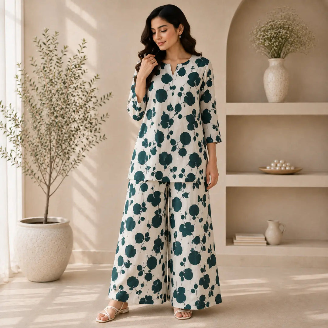 A woman stands in a softly lit indoor room wearing a matching two-piece outfit with a white base and dark teal abstract floral pattern. The set includes a long-sleeve top with a split neckline and wide-leg pants.