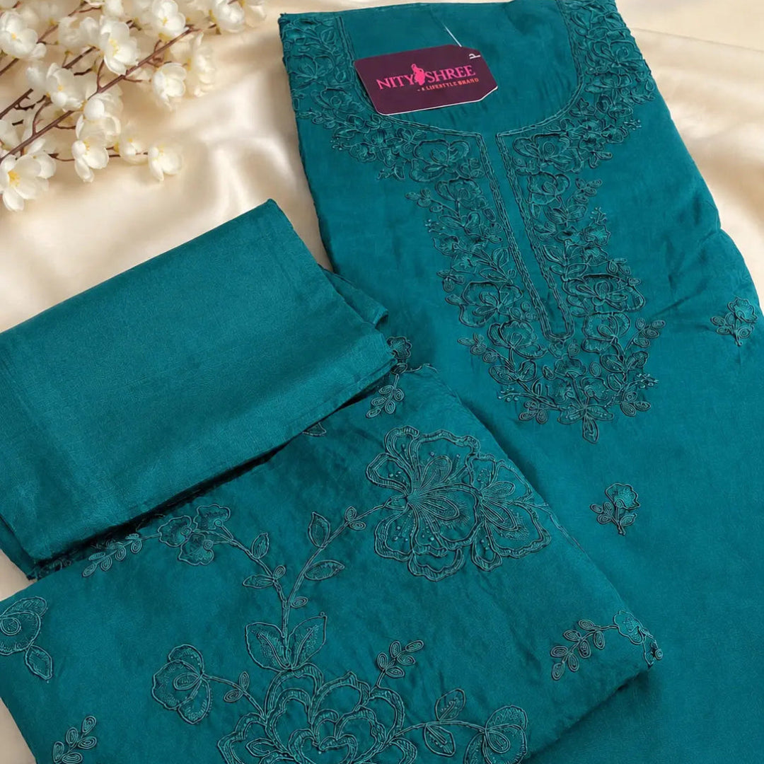 Neel Tara floral embroidered pure organza suit set with matching dupatta, luxury unstitched suit material for women