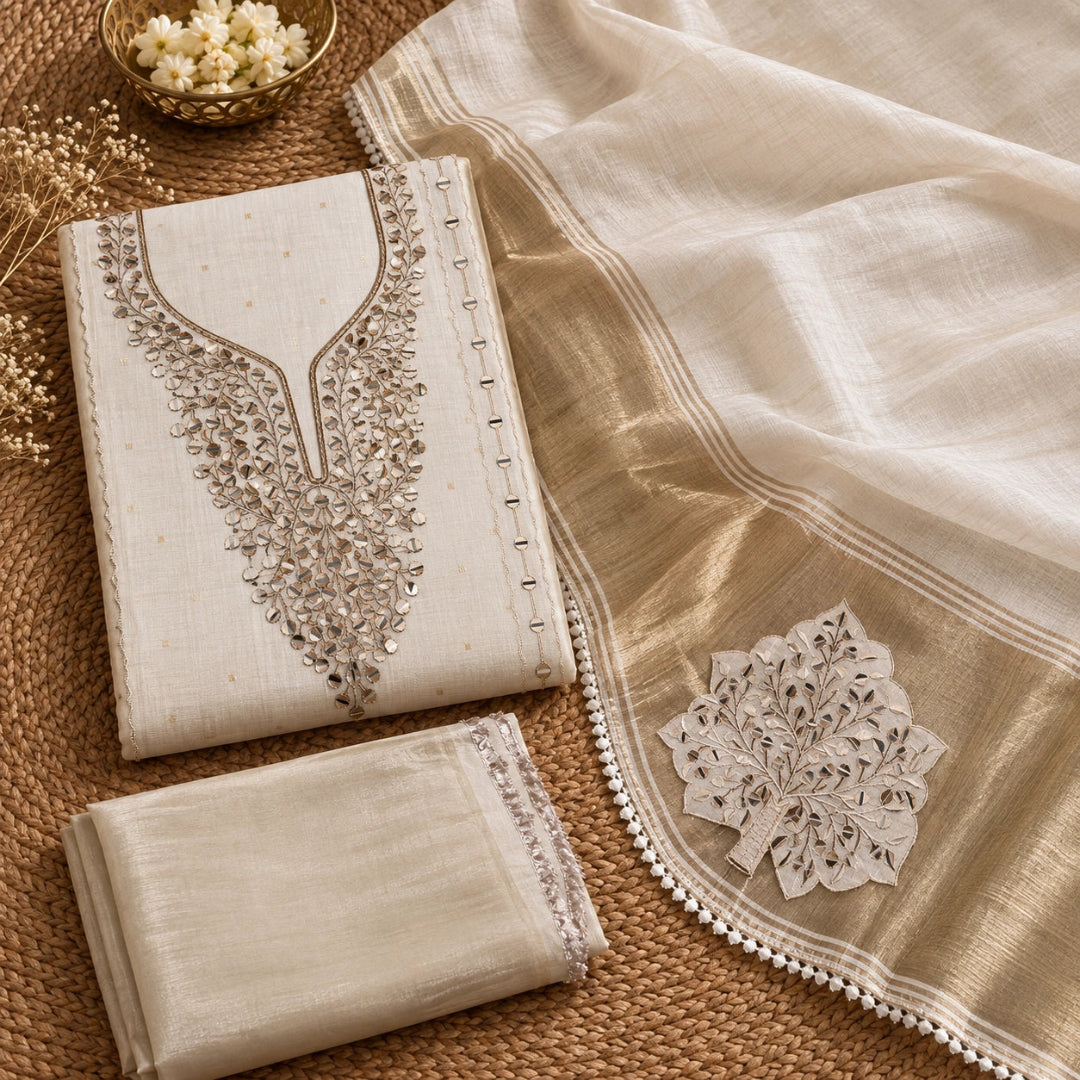 A cream-colored Indian ethnic suit set featuring a kurta with detailed silver embroidery on the neckline, a matching dupatta with a floral embroidered motif, and a folded fabric piece, styled on a brown woven mat with dried flowers.