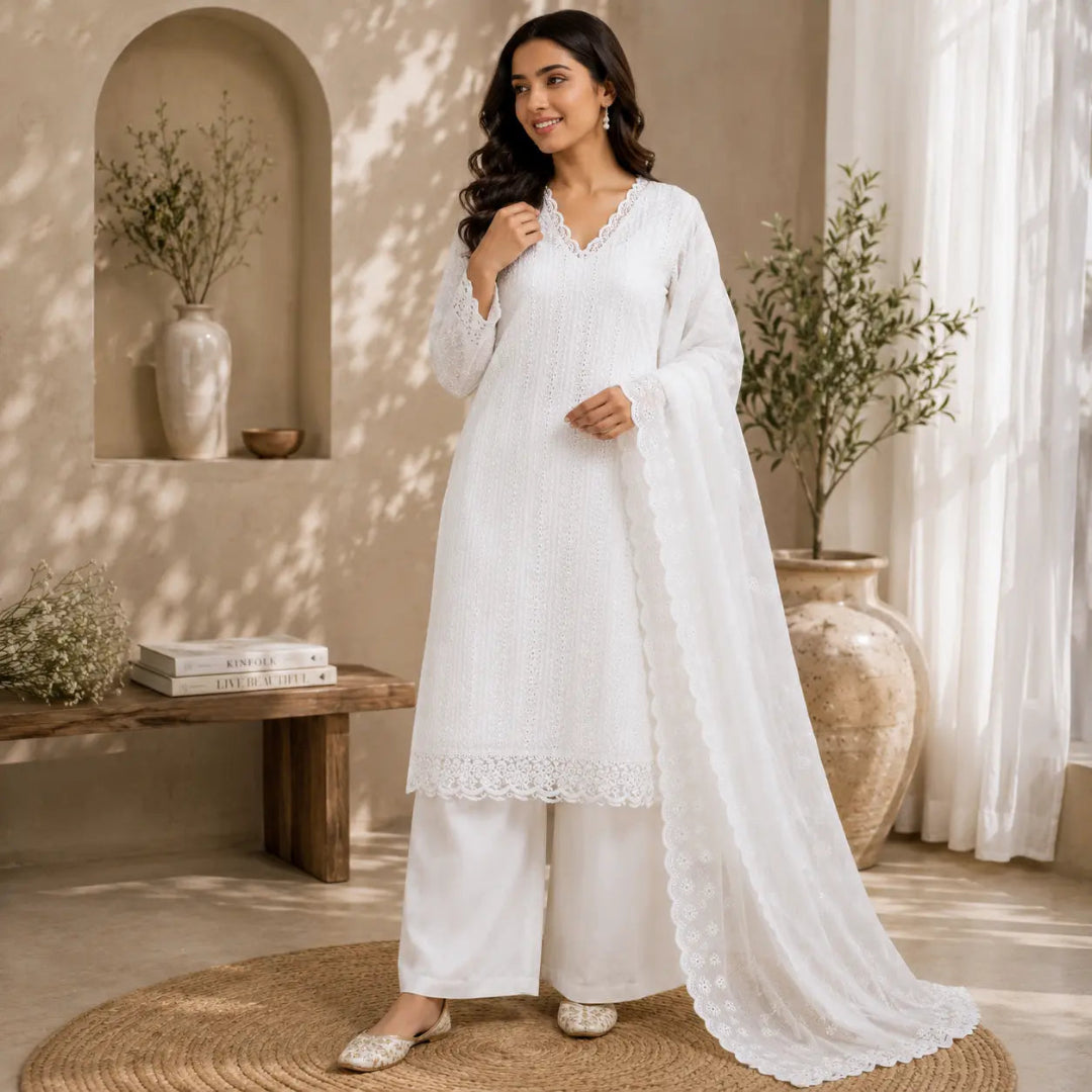 White ethnic suit fabric with traditional Chikankari embroidery and designer scalloped dupatta for women