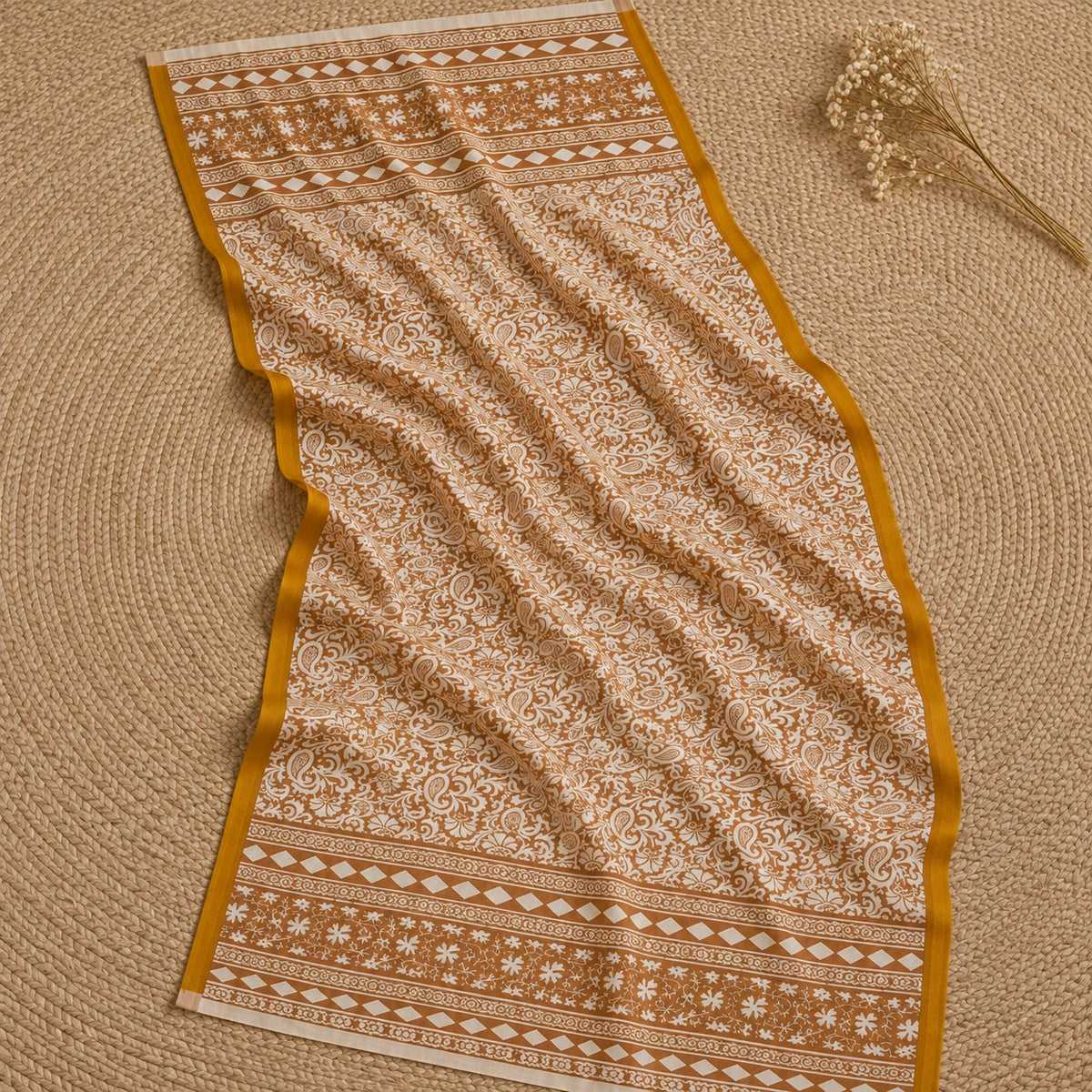 delicate golden motifs, floral printed bottom and coordinated printed dupatta
