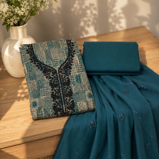 Ocean teal jam cotton suit set with botanical floral print, studded embroidery and premium unstitched ethnic wear